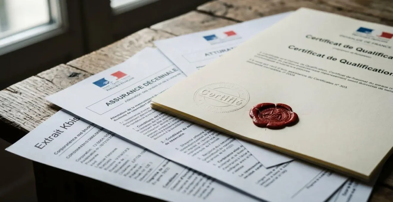Gros plan sur documents officiels de certification professionnelle empilés avec tampon certifié et sceau