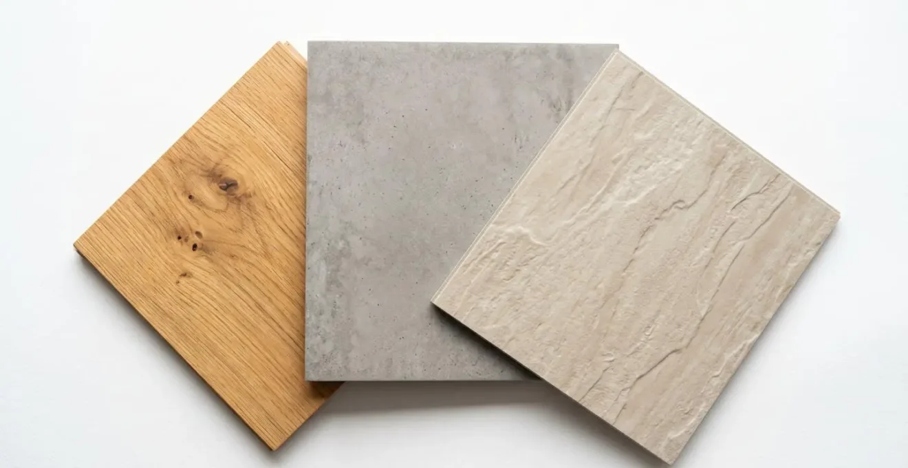 Gros plan sur trois échantillons de revêtements de sol modernes : parquet chêne naturel, carrelage effet béton gris et vinyle imitation pierre claire, disposés en éventail sur fond blanc