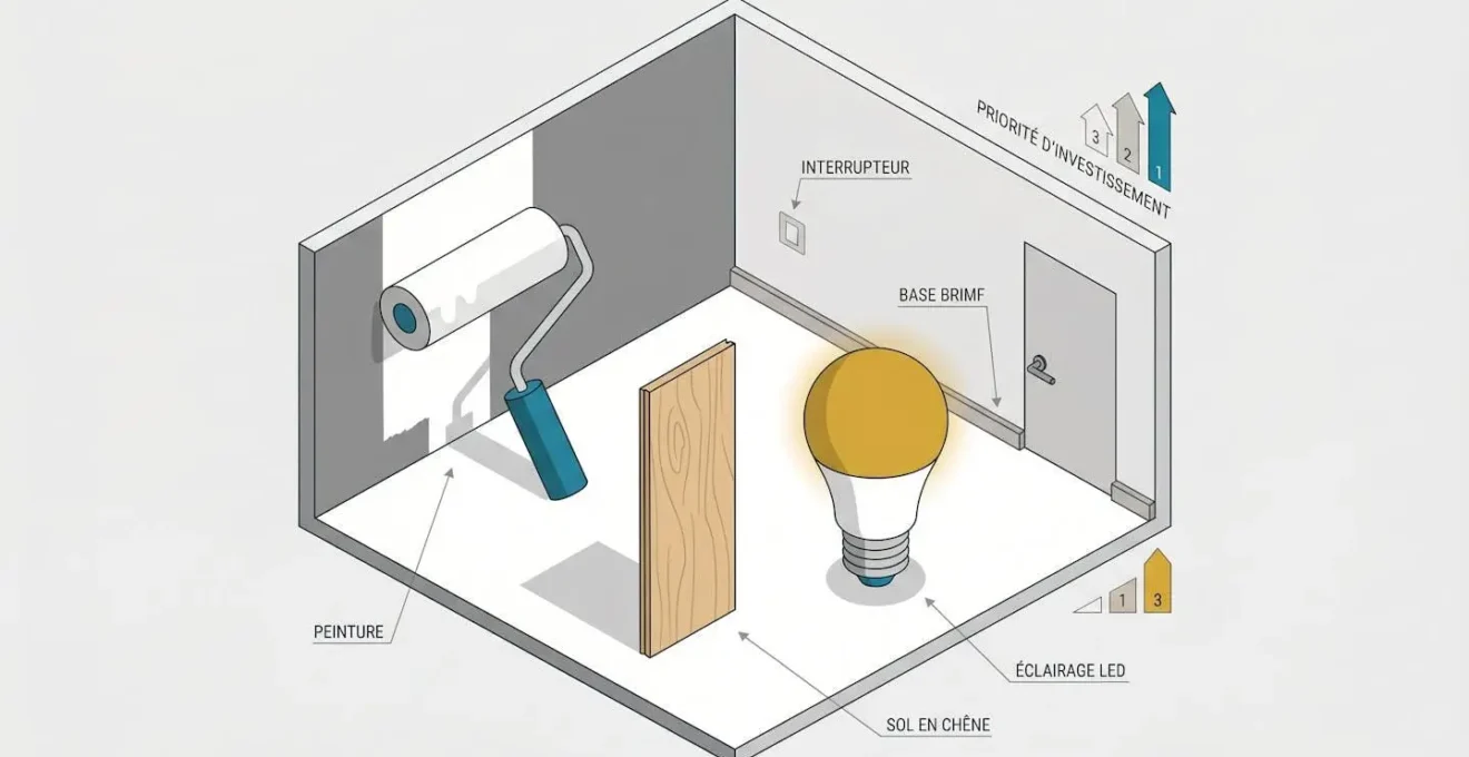 Illustration isométrique d'une pièce en coupe montrant la hiérarchie des investissements en rénovation : éléments à fort impact (peinture, sol, éclairage) en premier plan agrandi, éléments secondaires en arrière-plan réduit