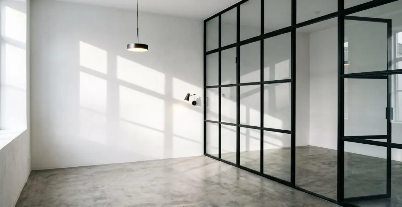 Intérieur minimaliste avec verrière d'atelier noire : lumière naturelle traversant le vitrage et créant des ombres géométriques sur mur blanc, complétée par suspension LED et liseuse murale