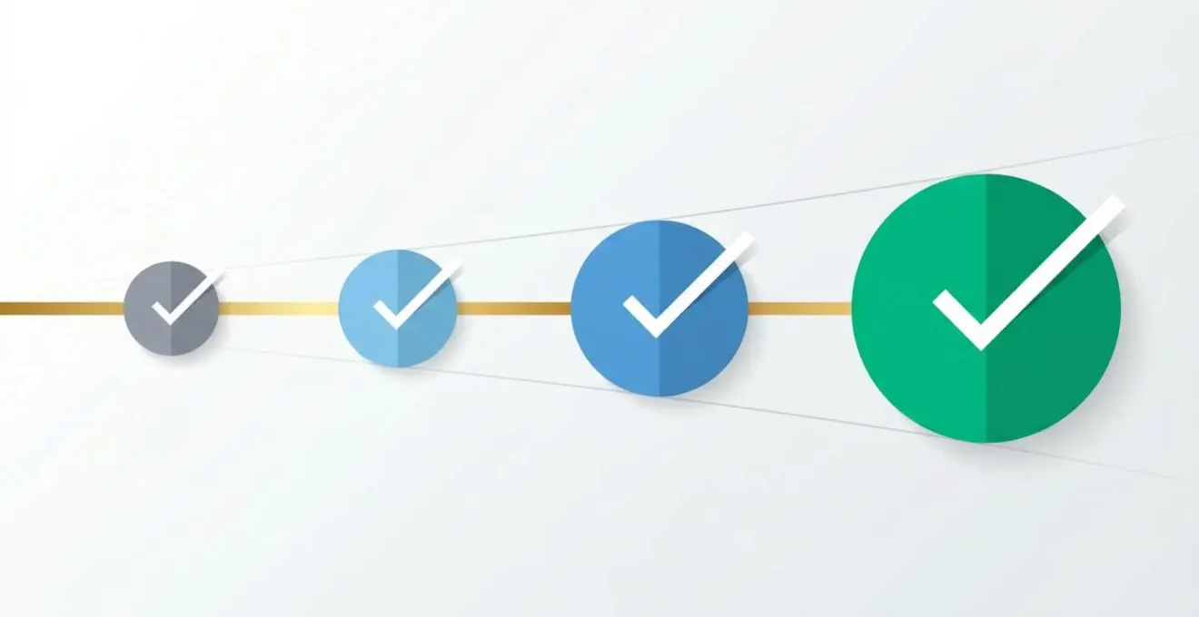 Timeline abstraite avec cercles progressifs de gris à vert et coches symbolisant validation étapes projet