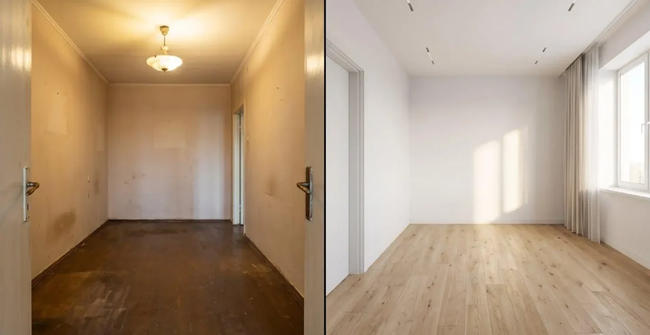 Vue comparative d'une même pièce avant et après rénovation légère : à gauche, intérieur vieilli avec murs beiges et sol sombre
