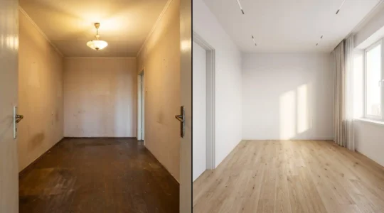 Vue comparative d'une même pièce avant et après rénovation légère : à gauche, intérieur vieilli avec murs beiges et sol sombre